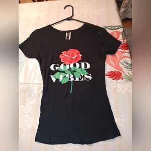 Black T-Shirt with Red Rose and 'Good Vibes' Print